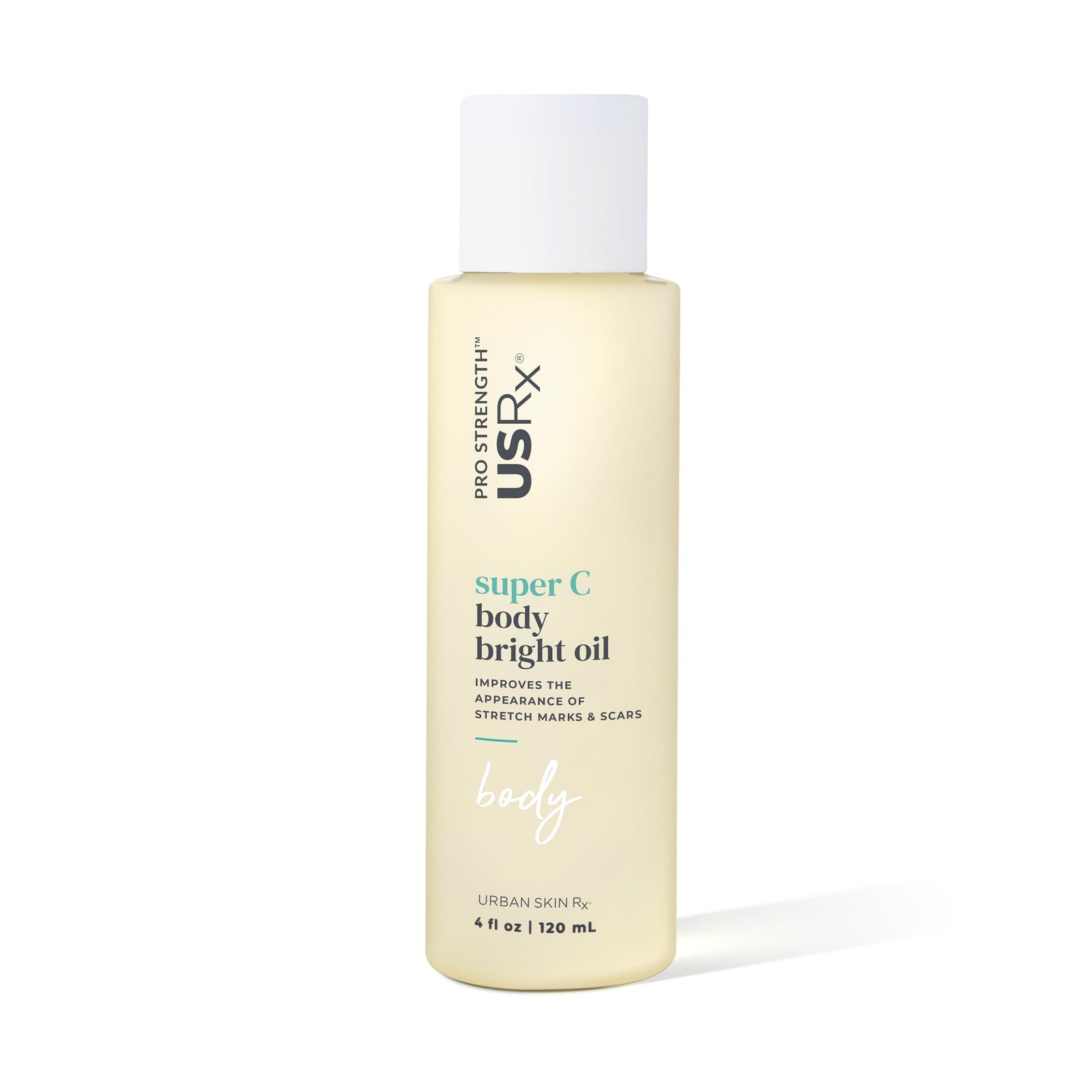 Bottle of Urban Skin RX Super C Body Bright Oil Stretch Mark & Scar Therapy on a white background