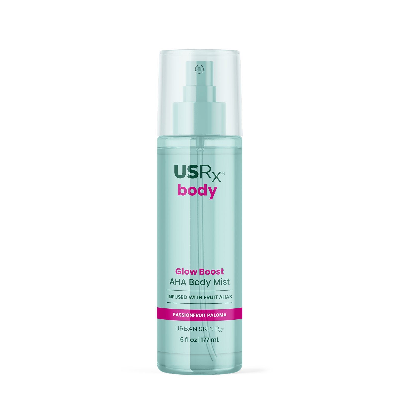 Bottle of USRX Glow Boost AHA Body Mist in Passionfruit Paloma on white background