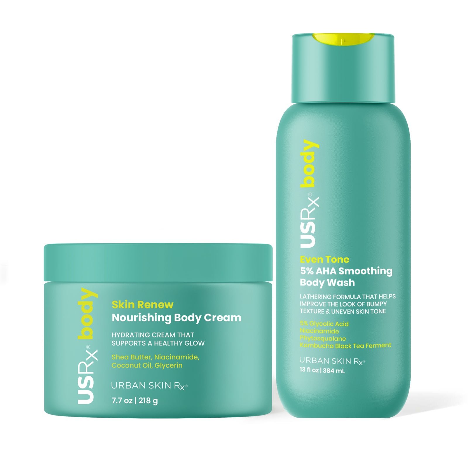Bottle of USRx Even Tone 5% AHA Smoothing Body Wash and jar of Skin Renew Nourishing Body Cream on a white background