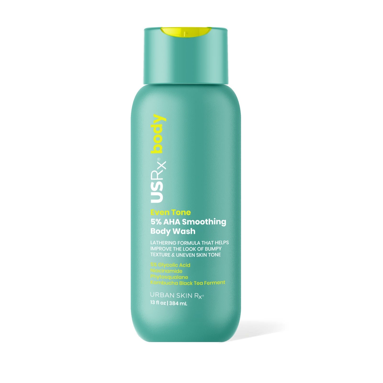 13 oz bottle of USRx Even Tone 5% AHA Smoothing Body Wash on a white background