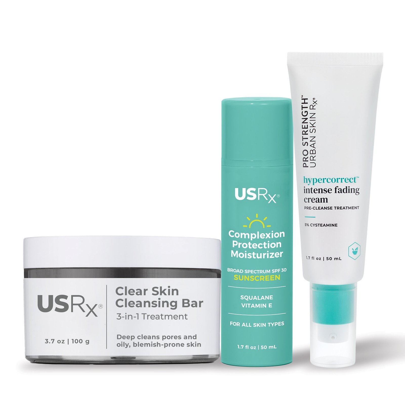 Set of three USRx skincare products on a white background