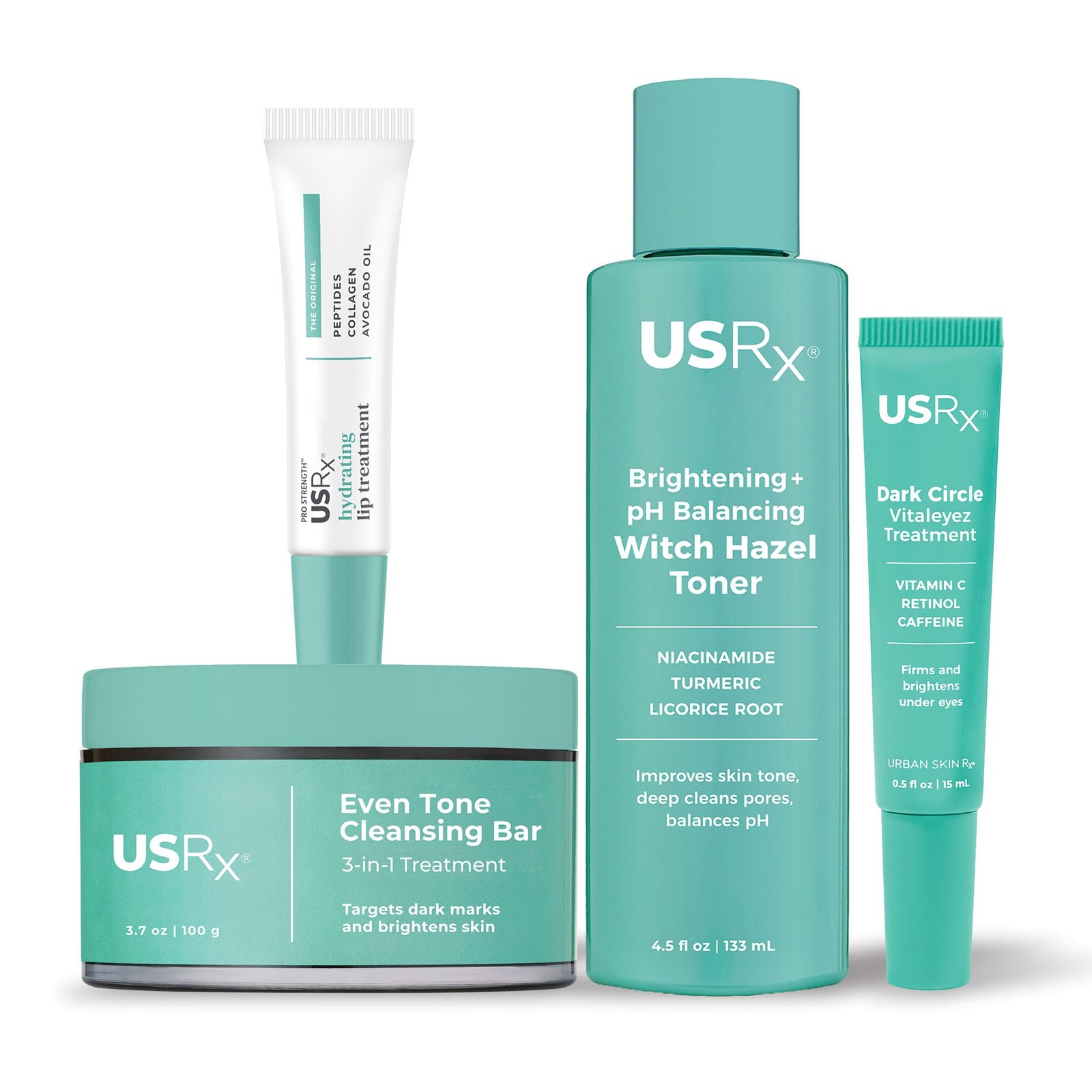 Collection of USRx skincare products against a white background