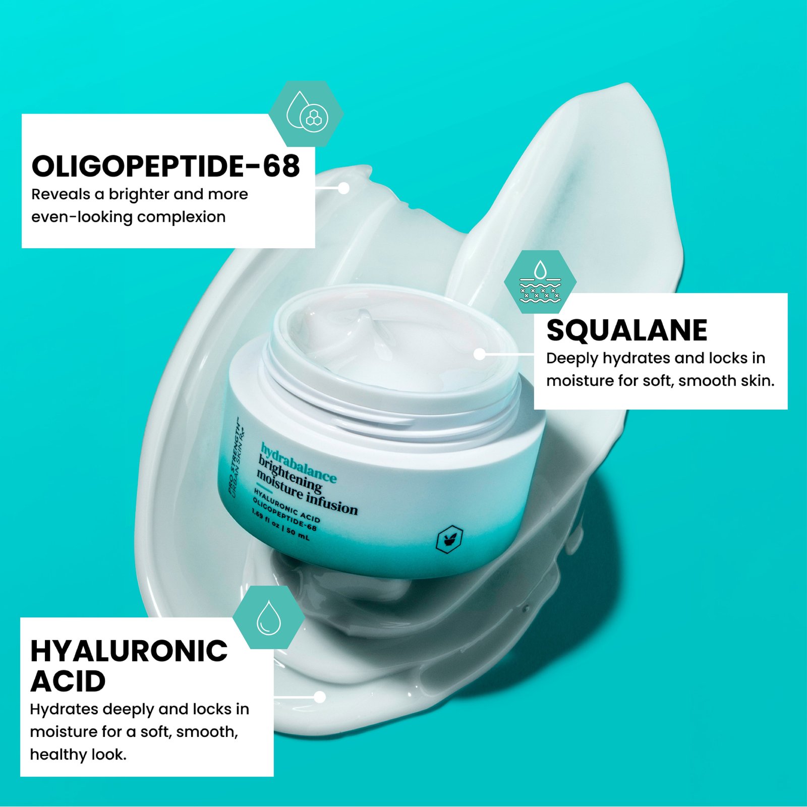 Open jar of USRx Hydrabalance Moisturizer with ingredients callout