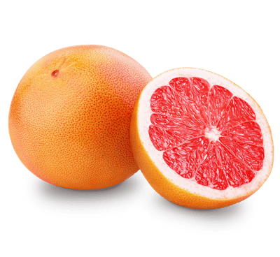 A sliced grapefruit and whole grapefruit on a white background